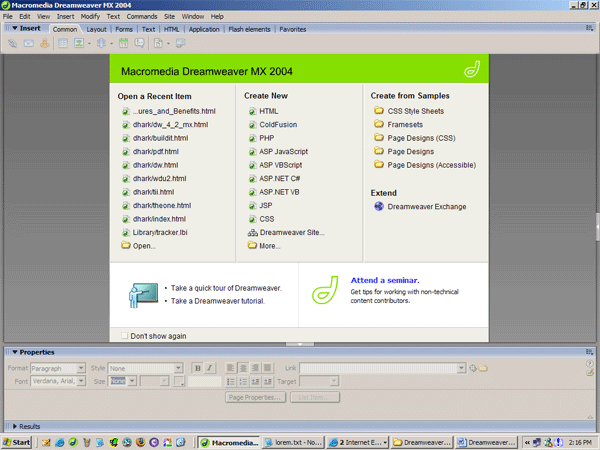 Dreamweaver MX 2004 Start page