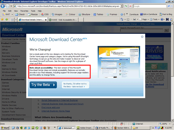 Microsoft web page with note that accessibility features are not available.