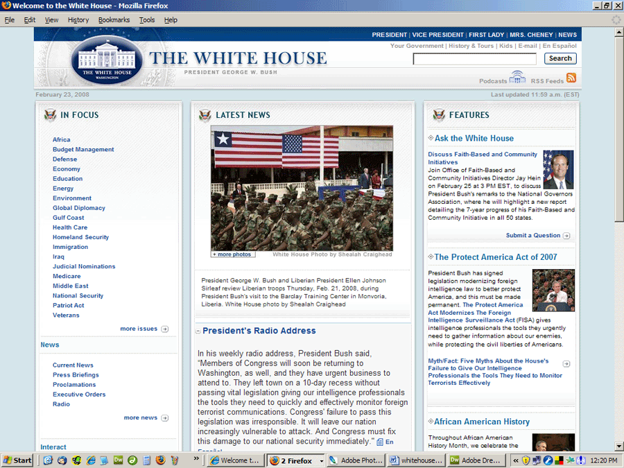 Welcome to the Whitehouse page on 23 February 2008