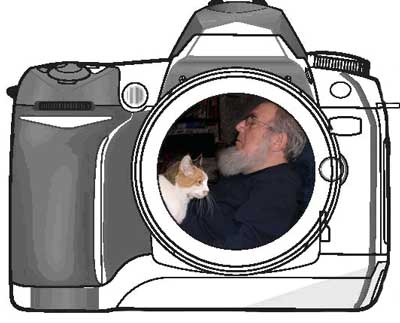 David and his cat NAFTA reflected in a camera lens.