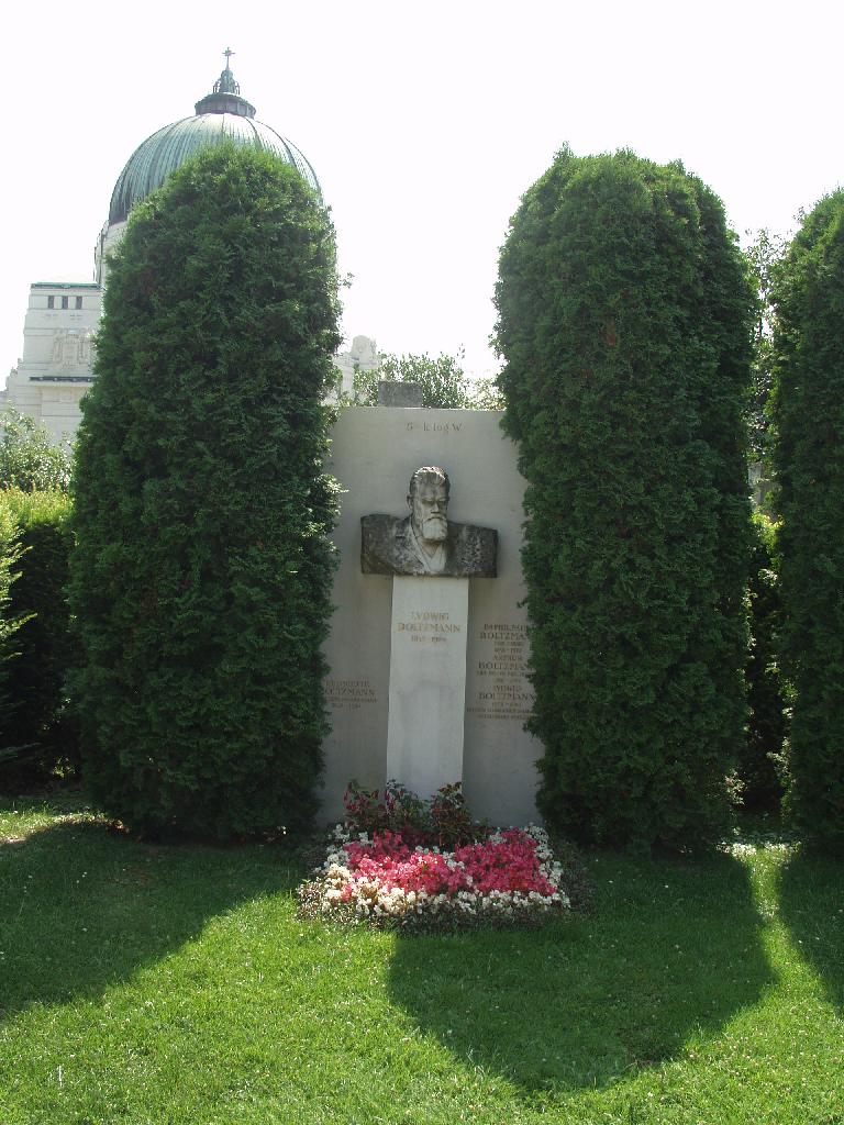 
Vienna, Austria.
Boltzmann's Tomb in the Zentralfriedhof (Central Cemetary).
The Tomb is in Gruppe 14 C Grab No 1 (group 14 grave number 1).
Photos by
Tom Schneider or of him by Gerd Muller.
2002 July 14.
This image: Boltzmann's Tomb - a bust of Boltzmann on a piller,
two large bushes around it.
(a href =
