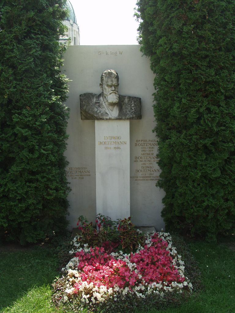 
Vienna, Austria.
Boltzmann's Tomb in the Zentralfriedhof (Central Cemetary).
The Tomb is in Gruppe 14 C Grab No 1 (group 14 grave number 1).
Photos by
Tom Schneider or of him by Gerd Muller.
2002 July 14.
This image: closer view of Boltzmann's Tomb.
(a href =
