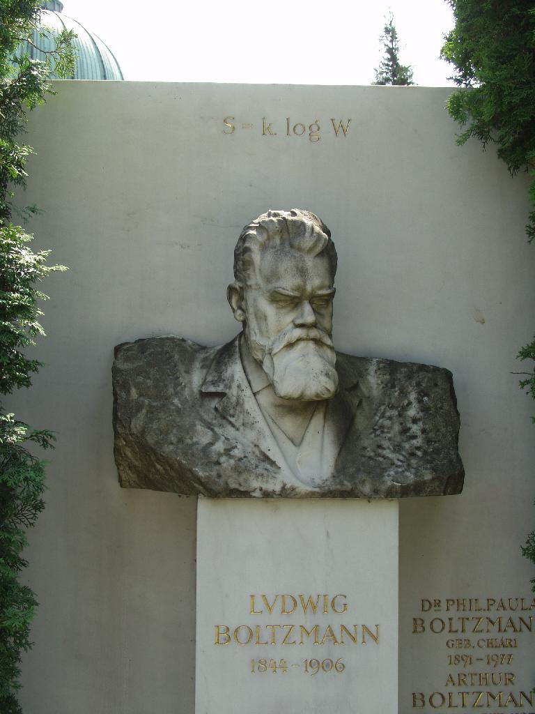 Vienna, Austria. Boltzmann's Tomb in the Zentralfriedhof (Central Cemetary). The Tomb is in Gruppe 14 C Grab No 1 (group 14 grave number 1). Photos by Tom Schneider or of him by Gerd Muller. 2002 July 14. This image: bust of Boltzmann. <a href = 