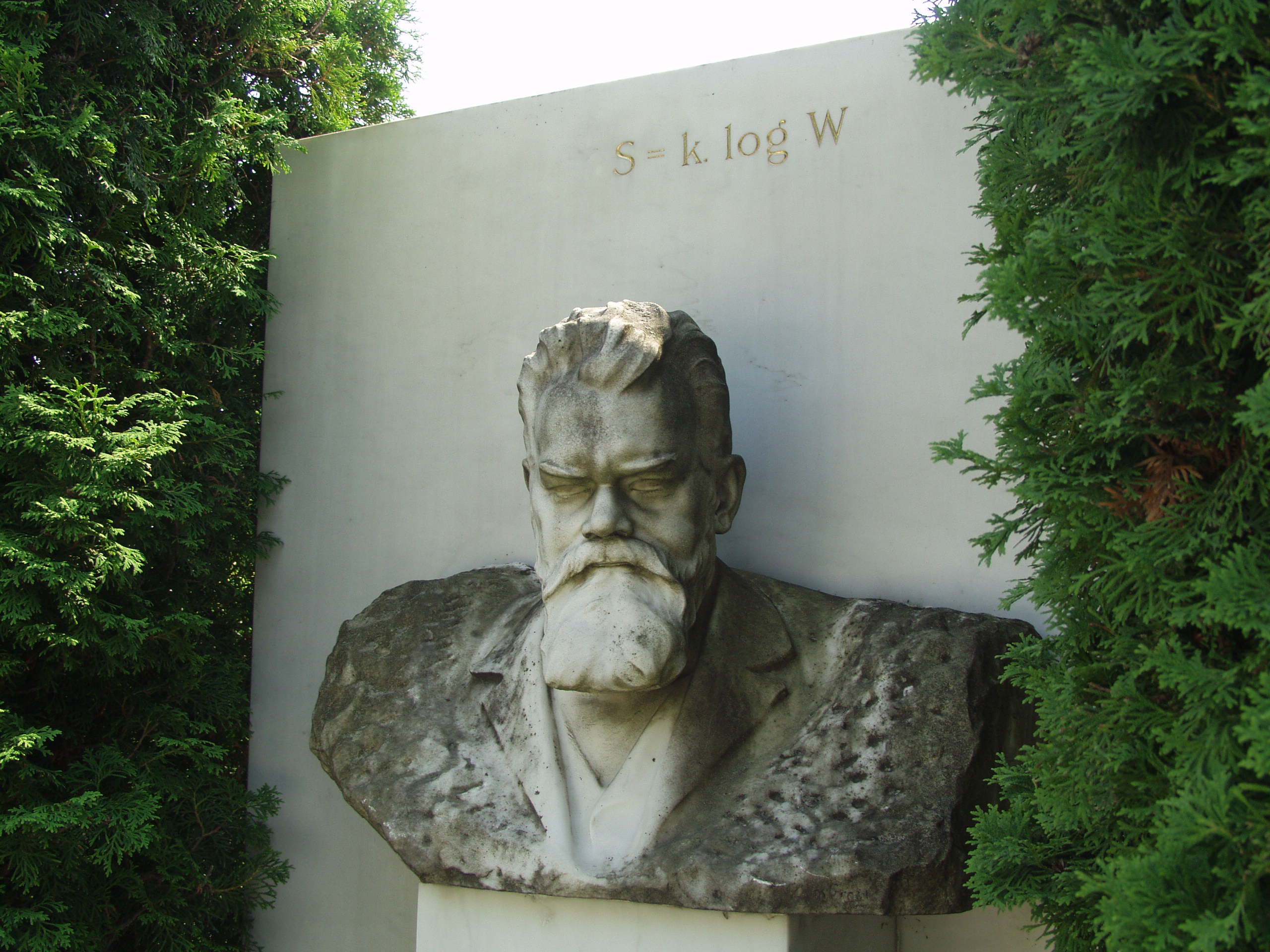 Vienna, Austria. Boltzmann's Tomb in the Zentralfriedhof (Central Cemetary). The Tomb is in Gruppe 14 C Grab No 1 (group 14 grave number 1). Photos by Tom Schneider or of him by Gerd Muller. 2002 July 14. This image: bust of Boltzmann. <a href = 