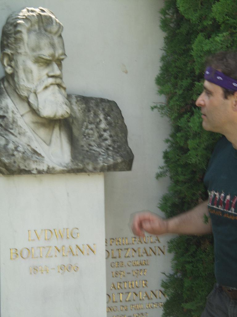 
Vienna, Austria.
Boltzmann's Tomb in the Zentralfriedhof (Central Cemetary).
The Tomb is in Gruppe 14 C Grab No 1 (group 14 grave number 1).
Photos by
Tom Schneider or of him by Gerd Muller.
2002 July 14.
This image: Tom Schneider with bust of Boltzmann.
(a href =
