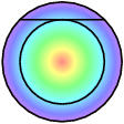 Geometry for optimal bistate molecular machines.  Two
  concentric circles are connected by a horizontal line
  segment running from the outer circle on the left, tangent
  to the inner circle in the middle and to the outer circle
  on the right.  Behind the circles are concentric colors in
  a spectrum running red at the center to purple on the edge
  representing lower to higher energy.