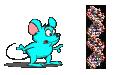 a cartoon of a startled blue mouse looking towards
     a left handed DNA