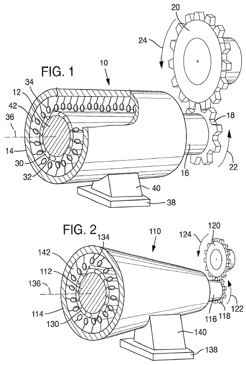 Figures 1 and 2 of U.S.  Patent 7,349,834, 2008 FIG.  1
is a schematic illustration of one embodiment of the
molecular motor, in which actin is directionally applied on
an outer surface of a solid internal cylinder, myosin is
coated on an internal surface of a surrounding
complementary hollow cylinder, and rotation of the internal
cylinder drives a rotary gear.  Portions ofthe outer
cylinder are broken away to illustrate that the arrays of
actin and myosin extend along the length of the device.
FIG.  2 is a schematic illustration similar to FIG.  1, but
wherein the surfaces are on cones instead of cylinders.