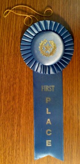Image of a blue prize ribbon 'FIRST PLACE'.